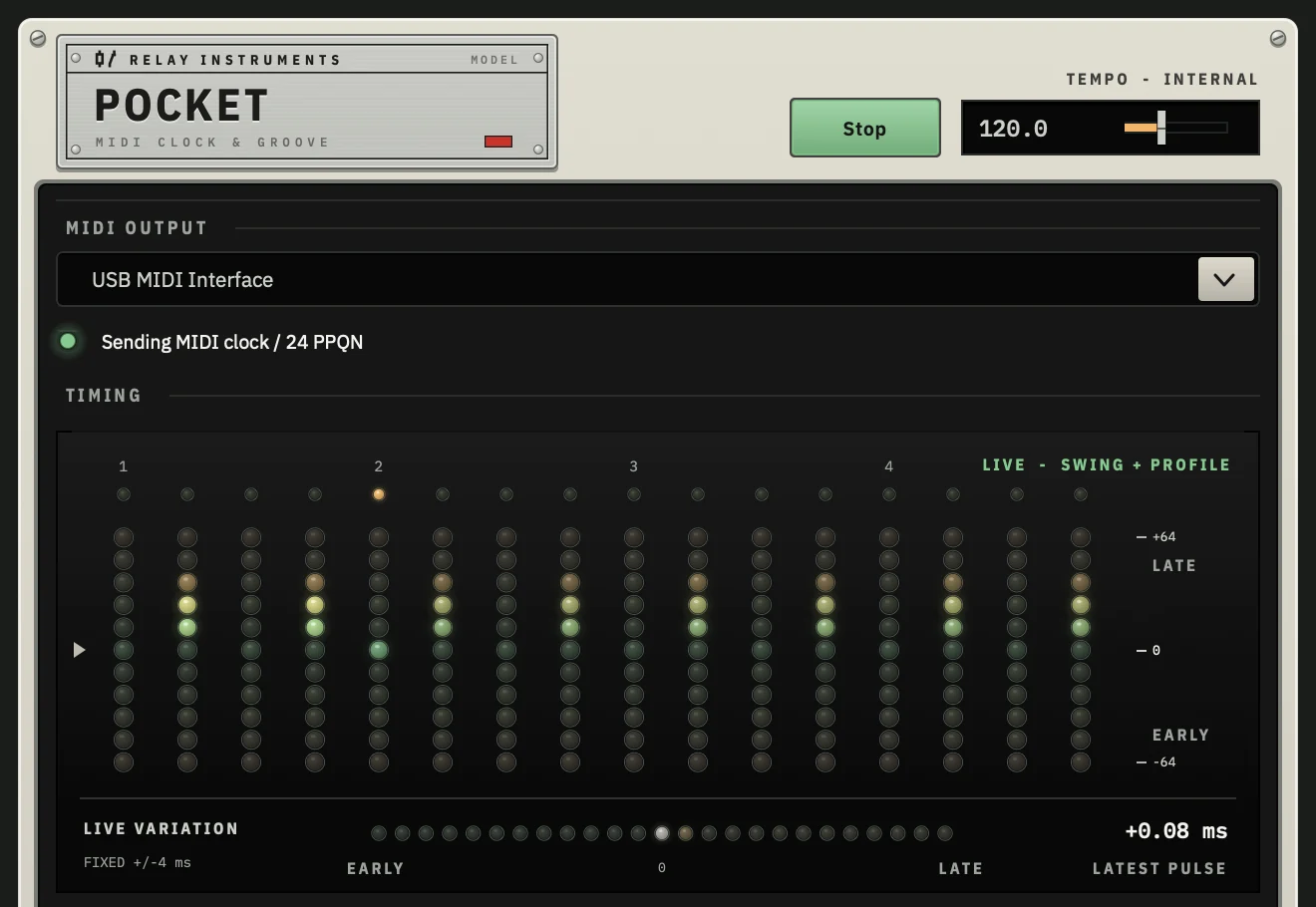 The Pocket plugin window sending MIDI clock, with a lamp display showing where each sixteenth note lands.