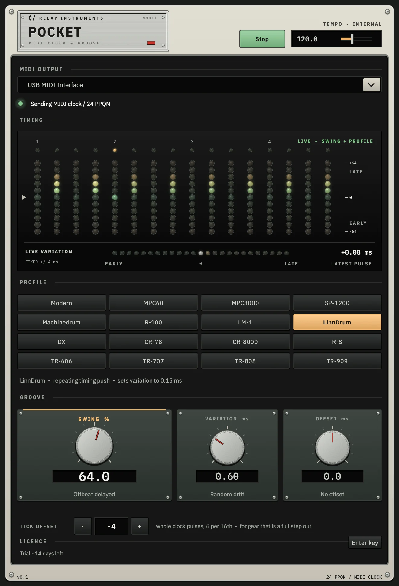 The Pocket plugin window: a grid of groove profiles, swing, variation and offset knobs, and a lamp display of the timing of each sixteenth note.