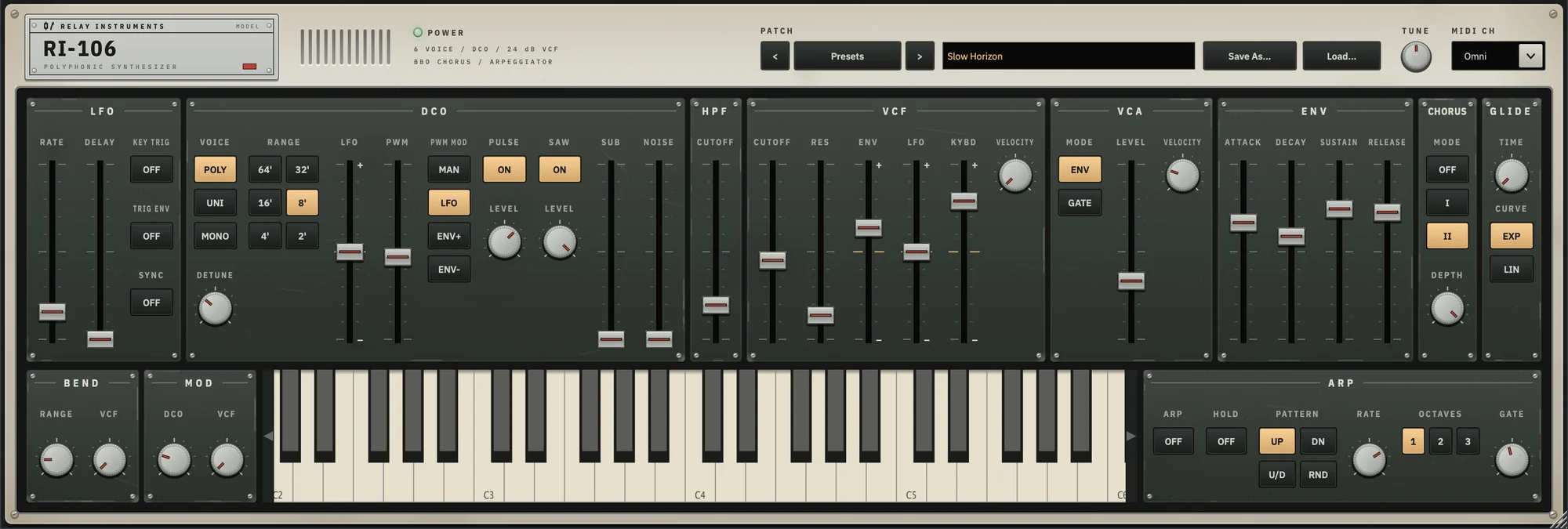 The RI-106 plugin window: an enamel panel of faders and switches for the LFO, oscillator, filters, amplifier, envelope and chorus, above a keyboard with bend, modulation and arpeggiator controls.